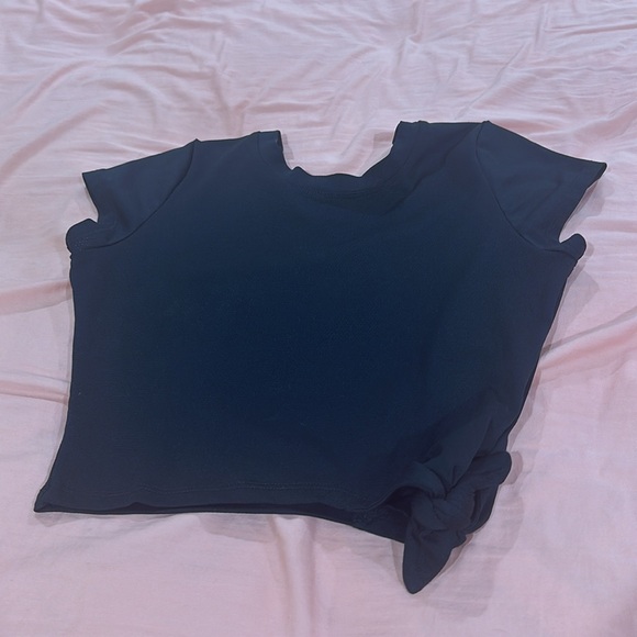 Bombshell Sportswear White Logo Mesh Jersey Side Tie Crop Top Tee Shirt Black - Picture 7 of 12